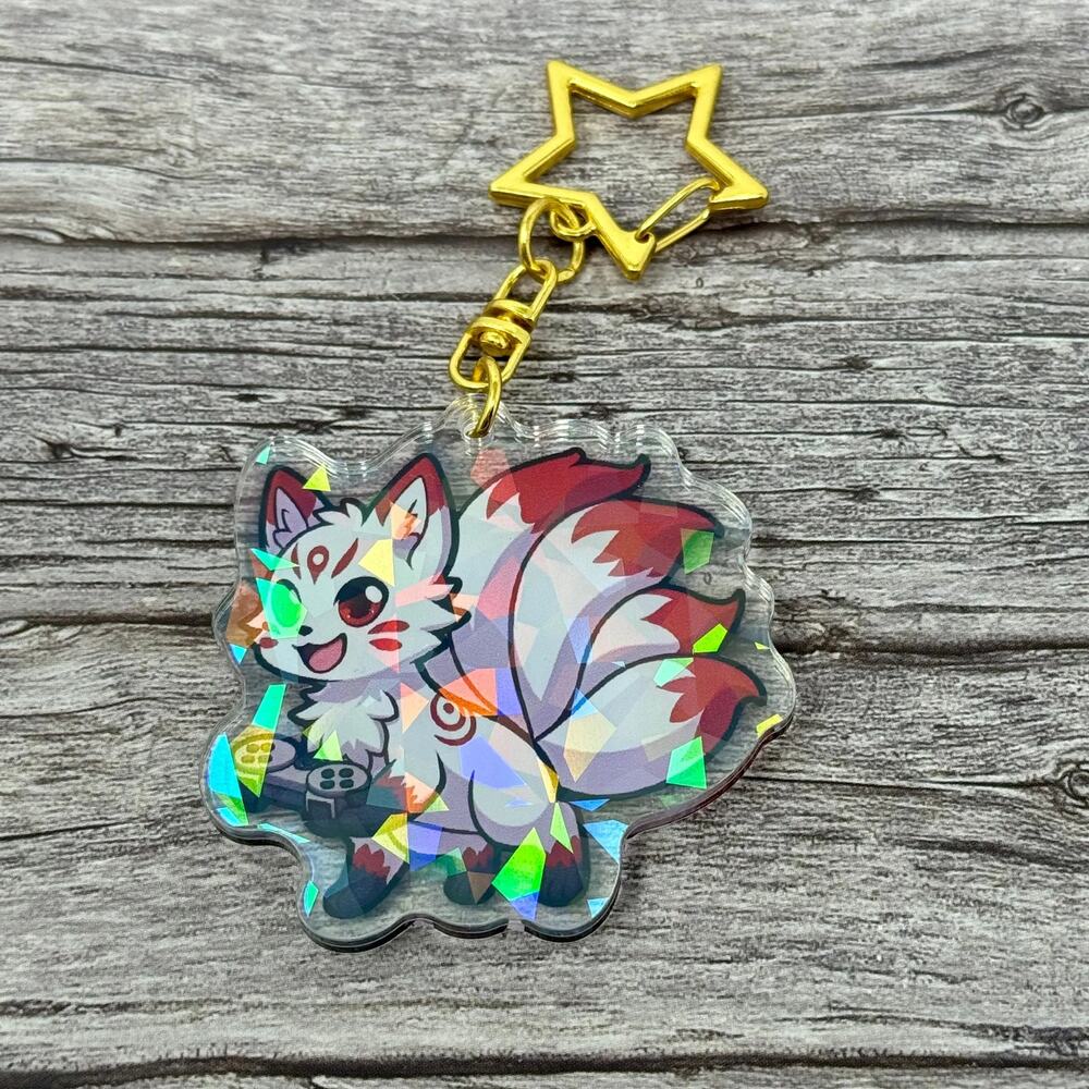 GameFox Happy Fox Kitsune Nine-Tailed Fox Acrylic Custom Keychain 2" - Picture 2 of 2
